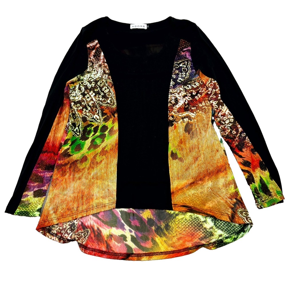 Adore Blouse Top Women Med Multicolor Cotton Animal Print Pleated Round Hem Boho
